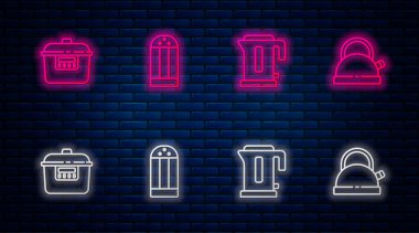 Tuz hattı, elektrikli su ısıtıcısı, Yavaş fırın ve saplı su ısıtıcısı. Tuğla duvarda parlayan neon simgesi. Vektör.