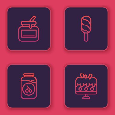 Hattı belirle bal kavanozu, kiraz reçeli kavanozu, dondurma ve kek tabağı. Mavi kare düğme. Vektör.