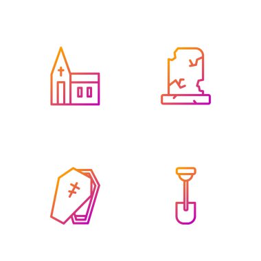 Sıra Kürek, haçlı tabut, kilise binası ve eski mezar taşı. Renk simgeleri. Vektör.