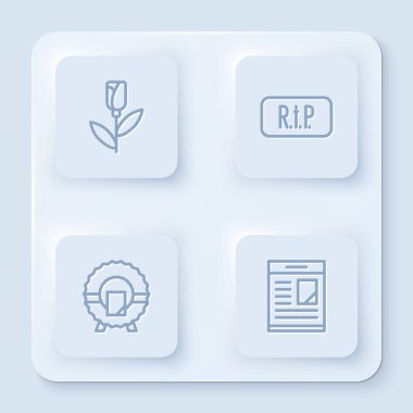 Çiçek Gülü, Konuşma baloncuğu ölüm, Anma Çelengi ve Ölüm ilanları. Beyaz kare düğme. Vektör.