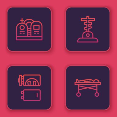 Mezar taşını, krematoryumu, haçı ve cesedi morga koyun. Mavi kare düğme. Vektör.