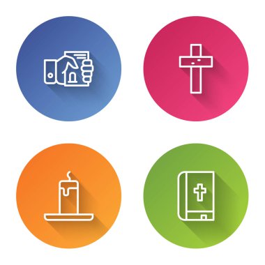 Hristiyan haçı, yanan mum ve kutsal kitap sertifikası. Renkli daire düğmesi. Vektör.