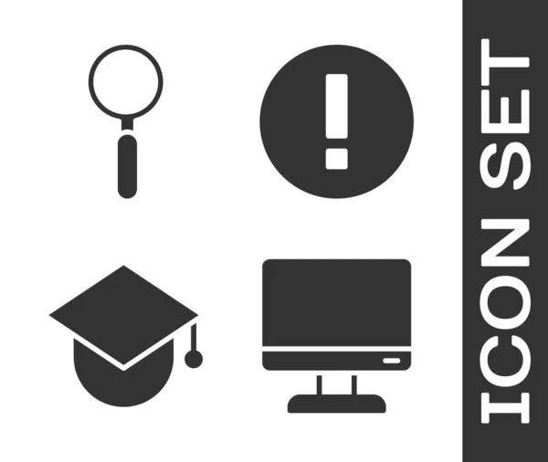 Set Computer Monitor Scherm Vergrootglas Graduation Cap Globe Information Icon — Stockvector