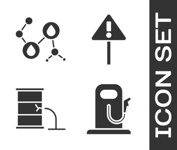 Conjunto Gasolina Gasolinera Aceite Molécula Fugas Petróleo Barril Signo Exclamación — Vector de stock