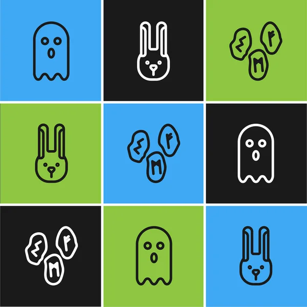 Set Line Ghost Magic Runes Und Rabbit Mit Ohren Symbol — Stockvektor