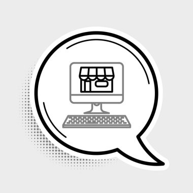Ekran bilgisayar simgesindeki Hat Alışveriş binası gri arkaplanda izole edildi. Konsept e-ticaret, e-ticaret, online iş pazarlama. Renkli taslak konsepti. Vektör.