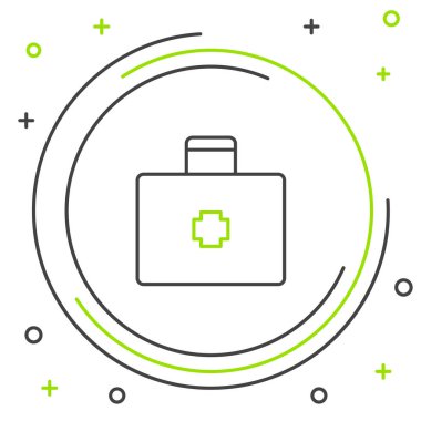 İlk yardım çantası simgesi beyaz arkaplanda izole edildi. Haçlı sağlık kutusu. Acil durumlar için tıbbi ekipman. Sağlık sigortası konsepti. Renkli taslak konsepti. Vektör.