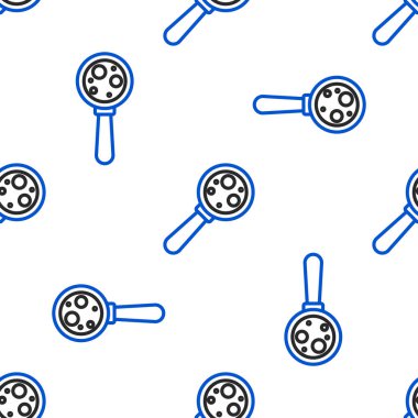 Büyüteç simgesi altında çizgi mikroorganizmaları beyaz arkaplanda izole edilmiş pürüzsüz desen. Bakteri ve mikroplar, hücre kanseri, mikrop, virüs, mantar. Renkli taslak konsepti. Vektör.