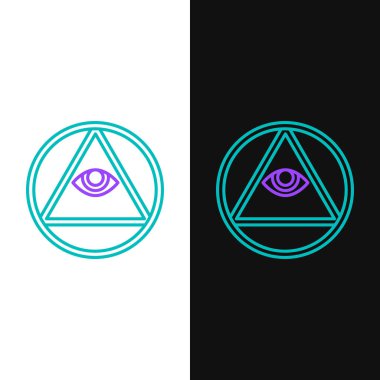 Çizgi Masonları Tanrı 'nın her şeyi gören gözü simgesi beyaz ve siyah arka planda izole edilmiş. Üçgendeki Tanrı 'nın Gözü. Renkli taslak konsepti. Vektör.