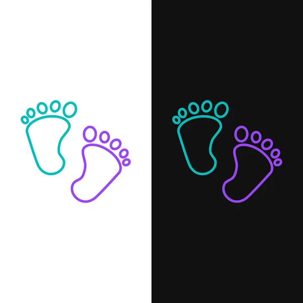 線白と黒の背景に隔離された赤ちゃんの足跡アイコン 赤ちゃんの足のサイン カラフルなアウトラインコンセプト ベクトル — ストックベクタ