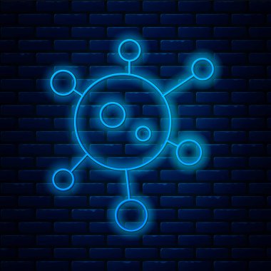 Parlayan neon hattı Virüs simgesi tuğla duvar arka planında izole edildi. Corona virüsü 2019-nCoV. Bakteri ve mikroplar, hücre kanseri, mikrop, mantar. Vektör İllüstrasyonu.