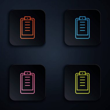 Siyah arkaplanda kontrol listesi simgesi izole edilmiş renkli neon çizgi panosu. Kontrol listesi sembolü. Anket anketi ya da anket geri bildirim formu. Kare düğmelere simgeleri yerleştir. Vektör.