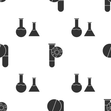 İlaç hapı ya da tablet, virüs ve test tüpü ile test tüpü ve matarayı kusursuz desenlere ayarlayın. Vektör.