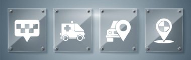Harita işaretçisini taksiyle, harita işaretçisini taksiyle, ambulansla, acil durum arabasıyla ve harita işaretçisini de taksiyle ayarla. Kare cam paneller. Vektör.