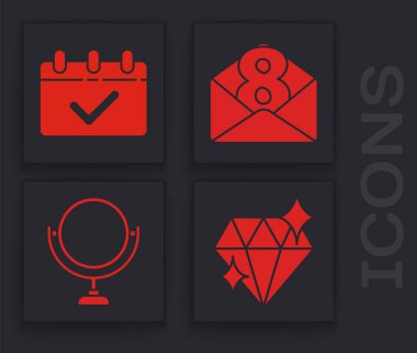 Diamond, Calendar with 8 March, Envelope with 8 March and Round makyaj ayna ikonu. Vektör.