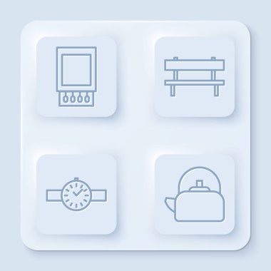 Hattı açın kibrit kutusu ve kibritler, Bench, bilek saati ve tutacağı olan çaydanlık. Beyaz kare düğme. Vektör.