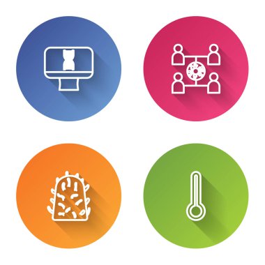 Hat DNA sarmalı ve bilgisayar, virüs yayılımı, kuduz virüsü ve tıbbi termometreyi ayarla. Renkli daire düğmesi. Vektör.