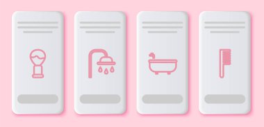 Tıraş fırçası, duş başlığı, küvet ve saç fırçası. Beyaz dikdörtgen düğme. Vektör.