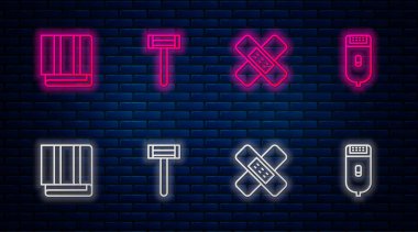 Tıraş bıçağı, sargı bezi, havlu yığını ve elektrikli tıraş makinesi. Tuğla duvarda parlayan neon simgesi. Vektör.