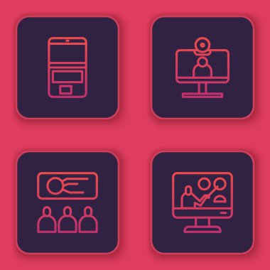 Dizüstü bilgisayar, eğitim, sunum, görüntülü sohbet konferansı ve çevrimiçi eğitim. Mavi kare düğme. Vektör.