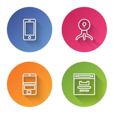 Hat hattı cep telefonu, web kamerası, dizüstü bilgisayar ve tarayıcı penceresini ayarla. Renkli daire düğmesi. Vektör.