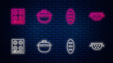 Hattı kurun, tencere, ekmek sobası, gaz ocağı ve mutfak süzgeci. Tuğla duvarda parlayan neon simgesi. Vektör.