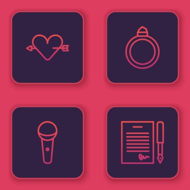 Kalp ve okla Amour 'u ayarlayın, Mikrofon, Elmas nişan yüzüğü ve evlilik sözleşmesi. Mavi kare düğme. Vektör.