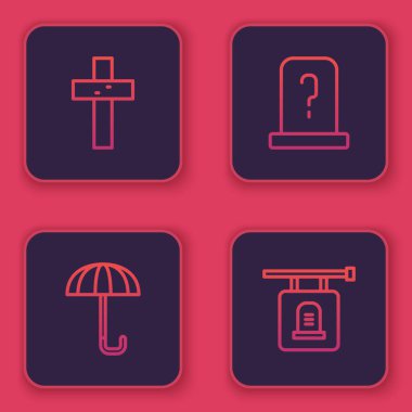 Hristiyan haçı, Şemsiye, Mezar taşı ve İmza tahtası. Mavi kare düğme. Vektör.