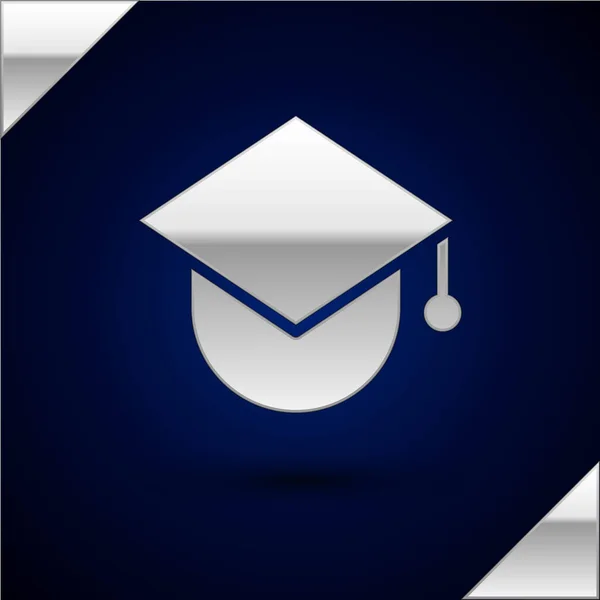 Silver Graduation Cap Globe Pictogram Geïsoleerd Donkerblauwe Achtergrond Wereld Onderwijs — Stockvector