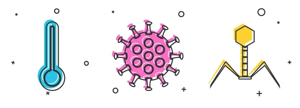 Ställ Medicinsk Termometer Virus Och Bakterier Bakteriofage Ikon Vektor — Stock vektor