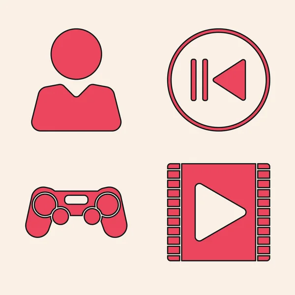 Set Play Video, Add to friend, Rewind and Gamepad icon. Vector.