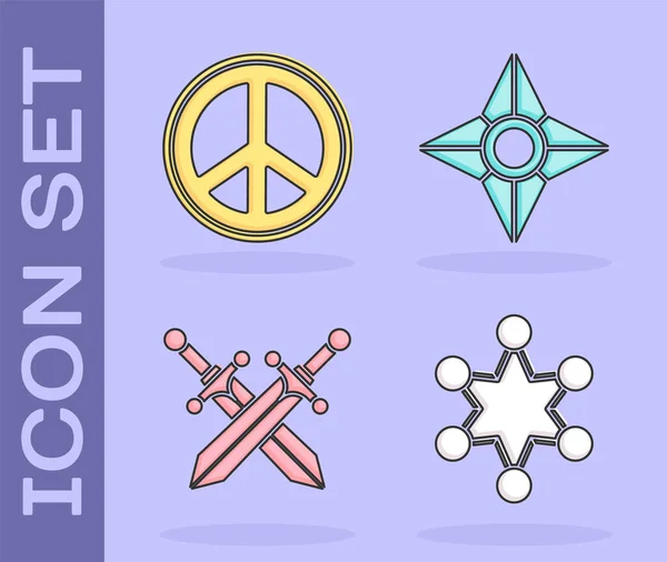 Set Insignia Policía Paz Espada Medieval Cruzada Icono Ninja Shuriken — Archivo Imágenes Vectoriales