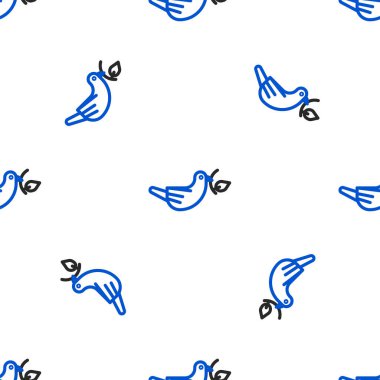 Zeytin dalı simgesi olan Çizgi Barış güvercini beyaz arka planda izole edilmiş kusursuz desen. Mutlu Paskalyalar. Renkli taslak konsepti. Vektör