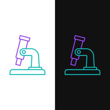 Çizgi mikroskobu simgesi beyaz ve siyah arkaplanda izole edildi. Kimya, ilaç aleti, mikrobiyoloji büyütme aracı. Renkli taslak konsepti. Vektör