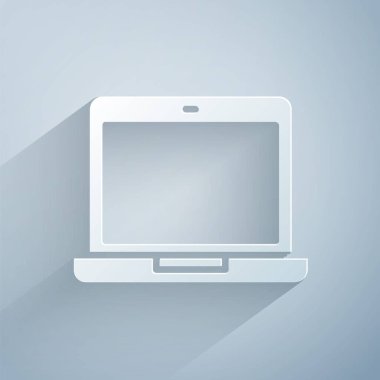 Kağıt kesiği Laptop simgesi gri arkaplanda izole edildi. Boş ekran işaretli bilgisayar defteri. Kağıt sanatı tarzı. Vektör İllüstrasyonu