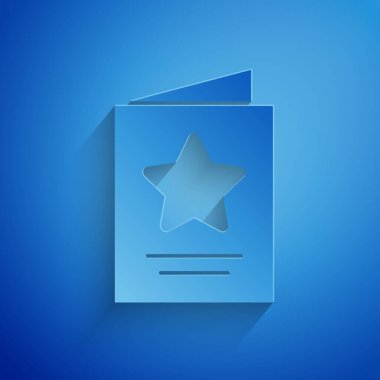 Kağıt kesiği Tebrik kartı simgesi mavi arkaplanda izole edildi. Kutlama için davetiye ya da tebrik kartı şablonu. Kağıt sanatı tarzı. Vektör