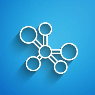 Beyaz çizgi Molekül simgesi mavi arkaplanda izole edildi. Kimya moleküllerinin yapısı, fen öğretmenlerinin yenilikçi eğitim posteri. Uzun gölge. Vektör