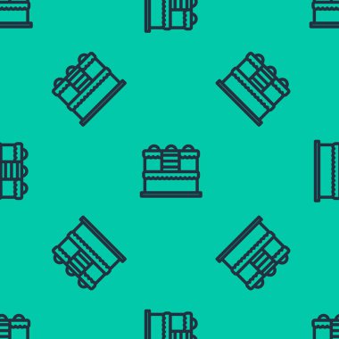 Mavi çizgi kek simgesi yeşil arkaplandaki kusursuz deseni izole etti. Doğum günün kutlu olsun. Vektör