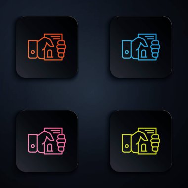 Eldeki renkli neon çizgisi ölüm sertifikası siyah arkaplanda izole edilmiş. Kare düğmelere simgeleri yerleştir. Vektör