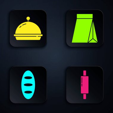 Yuvarlak broş, tepsi dolusu yiyecek, ekmek somunu ve kahve çekirdeği. Siyah kare düğme. Vektör