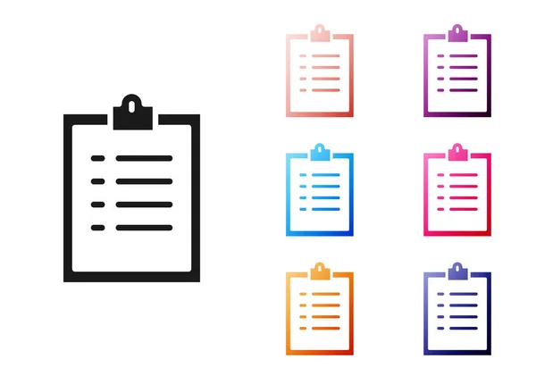 Presse-papiers noir avec icône de liste de vérification isolée sur fond blanc. Symbole de liste de contrôle. Sondage ou questionnaire de rétroaction. Définir des icônes colorées. Illustration vectorielle — Image vectorielle