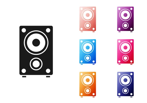 Icono de altavoz estéreo negro aislado sobre fondo blanco. Altavoces del sistema de sonido. Icono musical. Equipo de altavoz de columna musical bajo. Establecer iconos de colores. Vector — Archivo Imágenes Vectoriales