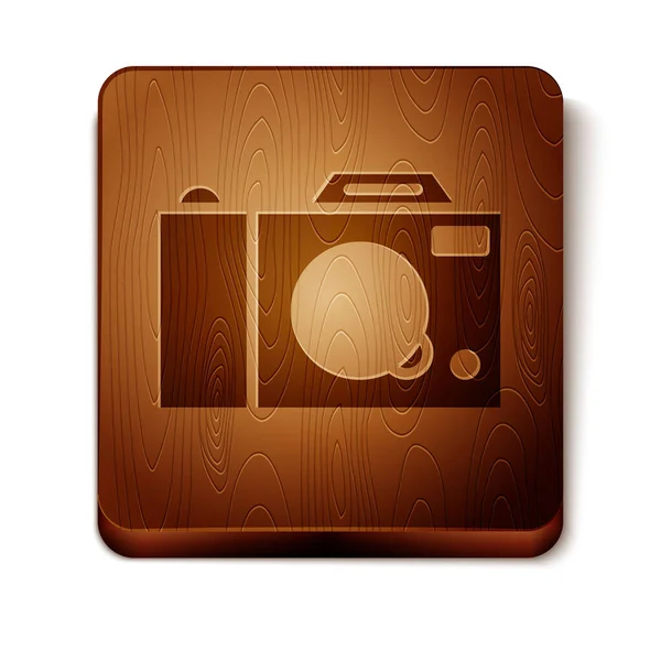 Icône appareil photo brun isolé sur fond blanc. Icône de caméra photo. Bouton carré en bois. Vecteur — Image vectorielle