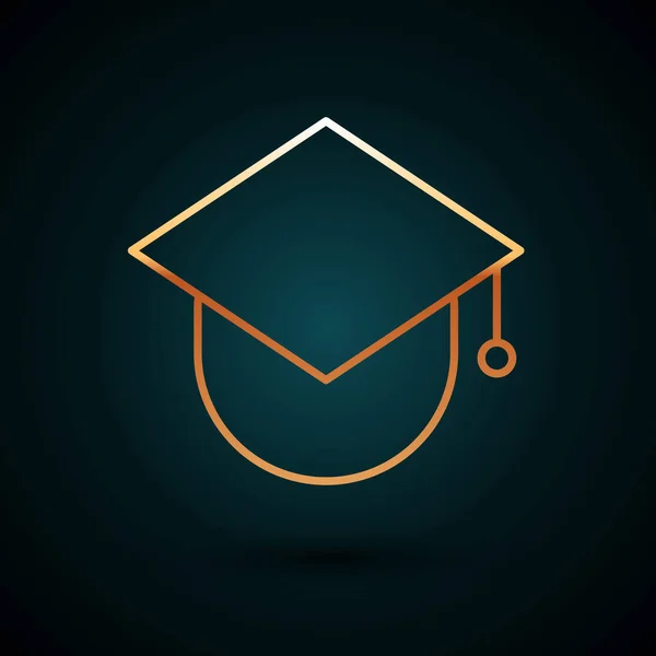 Gouden lijn Graduation cap op globe pictogram geïsoleerd op donkerblauwe achtergrond. Wereld onderwijs symbool. Online leren of e-learning concept. Vector Illustratie — Stockvector