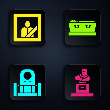 Grave 'i mezar taşıyla, yas tutan fotoğraf çerçevesiyle mezar taşıyla ve tabutu da ölülerle ayarla. Siyah kare düğme. Vektör