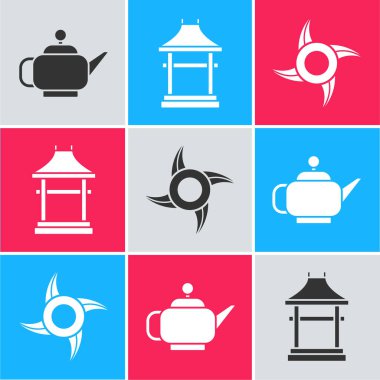 Japon çay seremonisi, Japon kapısı ve Japon shuriken ikonu. Vektör