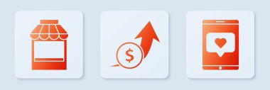 Finansal büyüme ve madeni para, alışveriş binası veya market ve cep telefonunu ayarlayın. Beyaz kare düğme. Vektör
