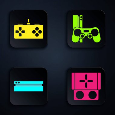 Taşınabilir oyun konsolu, Gamepad, oyun konsolu ve oyun konsolunu joystick ile ayarla. Siyah kare düğme. Vektör