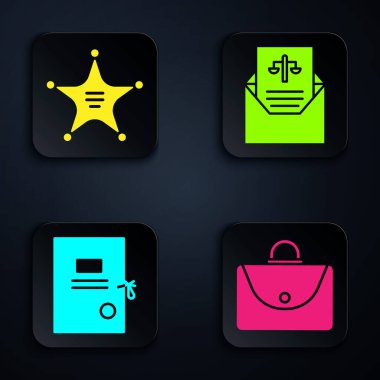 Çanta, Hexagram Şerifi, Dava Kağıtları ve Celp. Siyah kare düğme. Vektör