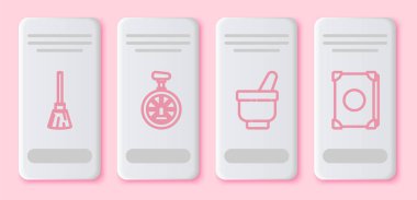 Cadı süpürgesi, tek tekerlekli bisiklet, sihirli havan topuzu ve Kadim büyü kitabı. Beyaz dikdörtgen düğme. Vektör